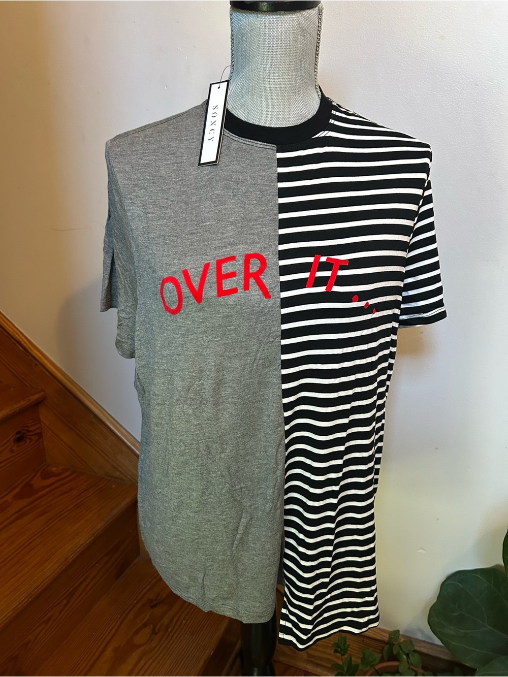 SONGY Striped & Heathered 'OVER IT' Short Sleeve Tee - Gray/Black